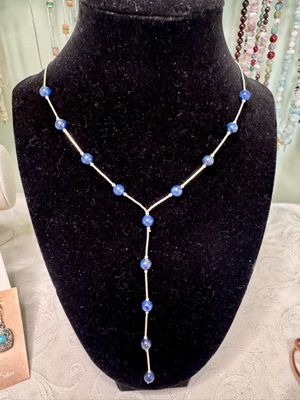 18” Lapis Lazuli Sterling Liquid Silver Lariat Necklace - Southwestern Style